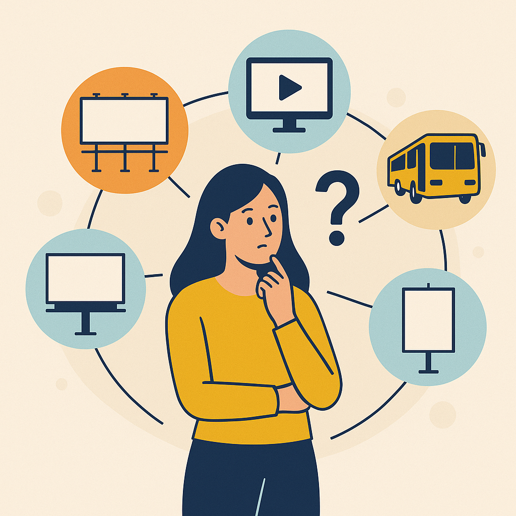 Media planners analyzing data and audience insights to select the best advertising platforms — including digital, print, OOH, and broadcast channels — for a campaign.