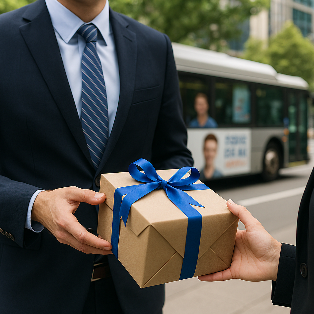 Corporate gifting and outdoor advertising integration by MyHoardings featuring branded merchandise, event giveaways, and strategic OOH campaign support.