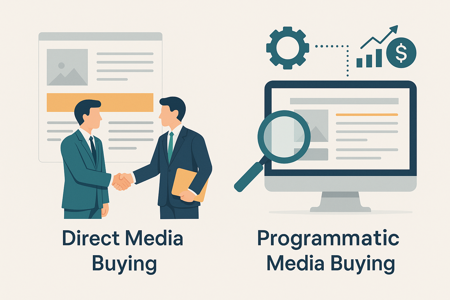 Comparison of direct and programmatic media buying showing marketers negotiating ad placements manually versus automated, data-driven digital ad buying platforms.
