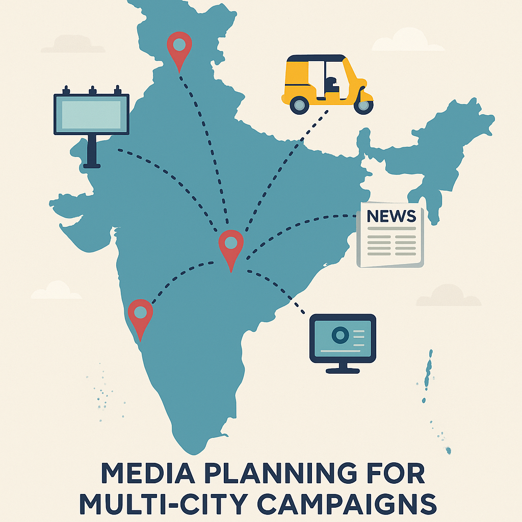 Multi-city media planning in India showing marketers coordinating advertising campaigns across metros and tier-2 cities with targeted audience strategies.