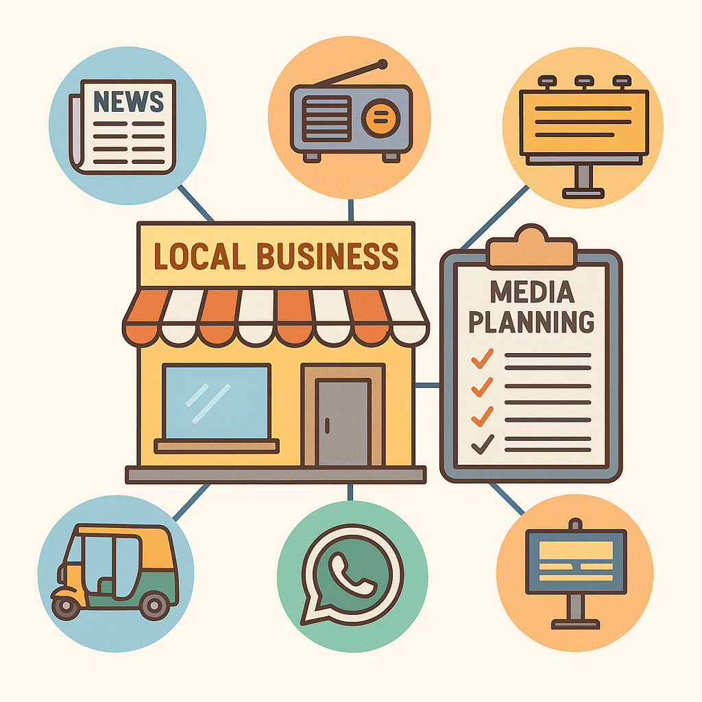 Media planning for SMEs and regional brands in India showing marketers optimizing budgets, selecting cost-effective channels, and targeting local audiences efficiently.