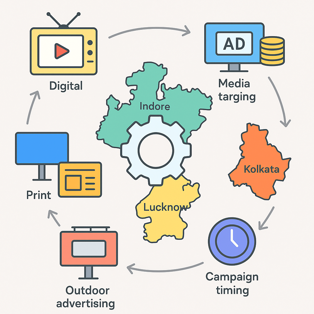 Media buying strategy for Indian brands showing marketers planning ad placements, selecting channels, and optimizing campaigns for high conversions and ROI.