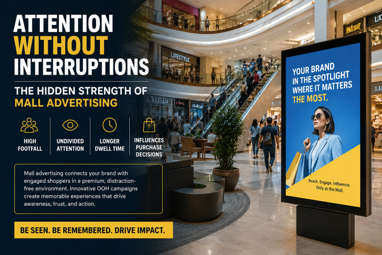 Modern shopping mall interior featuring a large digital advertising display, high shopper footfall, escalators, and promotional graphics highlighting the benefits of mall advertising, including audience attention, longer dwell time, and brand visibility.