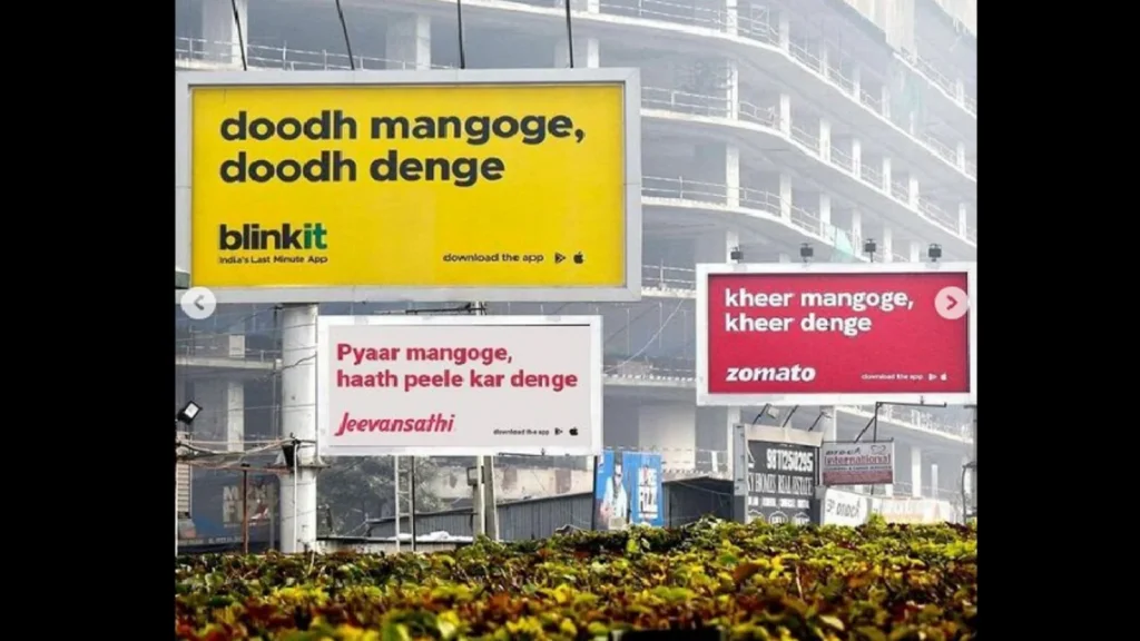Blinkit × Zomato billboard banter in Delhi NCR used witty adjacent hoardings to create viral outdoor buzz.