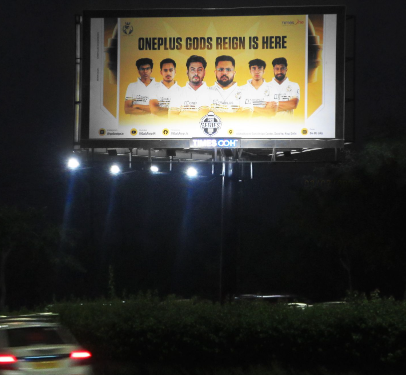 Gods Reign esports, BMPS OOH campaign, Delhi-Noida Flyway branding, gaming brand outdoor ads, MyHoardings esports marketing