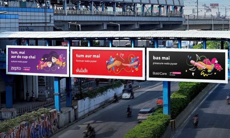 Zepto, Shaadi.com, and Bold Care billboard advertising at Noida Sector 52 Metro telling a modern love story through creative outdoor branding